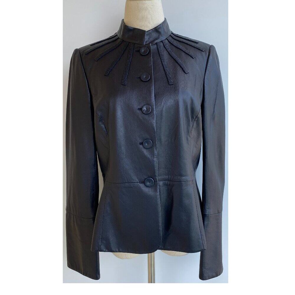 Ellen Tracy Black Ribbed Leather Single Breasted Jacket sz 6